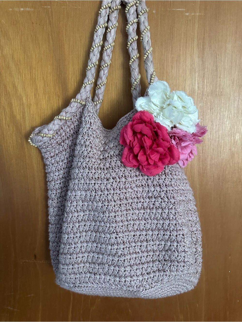 The Sak Flora Crochet Knit Beaded Shoulder Bag Pink Flower Accents